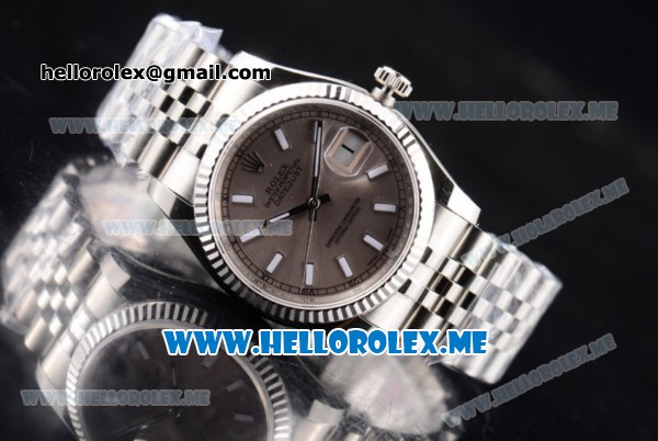 Rolex Datejust Clone Rolex 3135 Automatic Stainless Steel Case/Bracelet with Grey Dial and Stick Markers (BP) - Click Image to Close